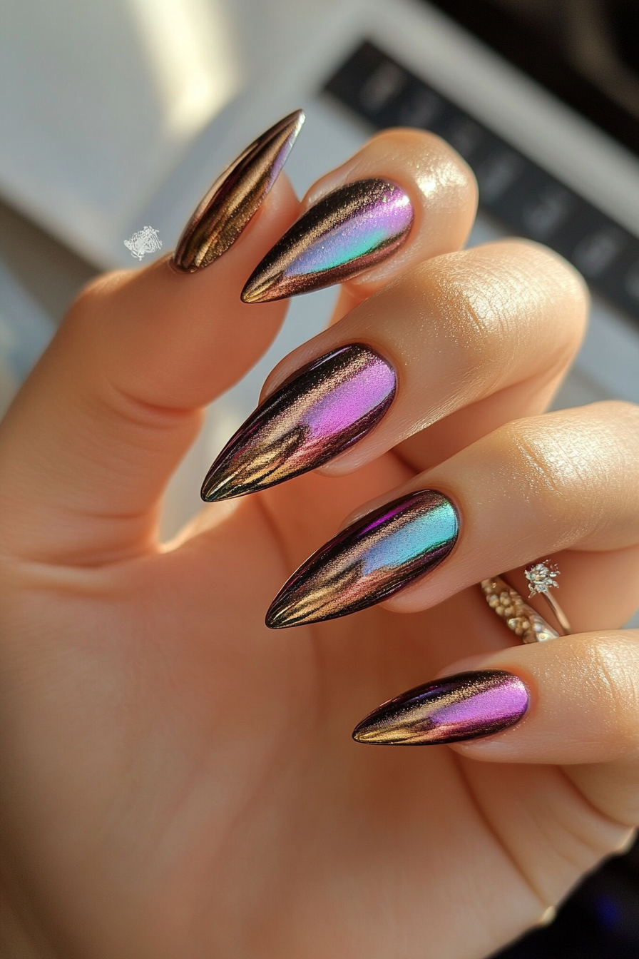 Close-up of almond-shaped nails with metallic sunburst design, featuring soft pink and silver tones.