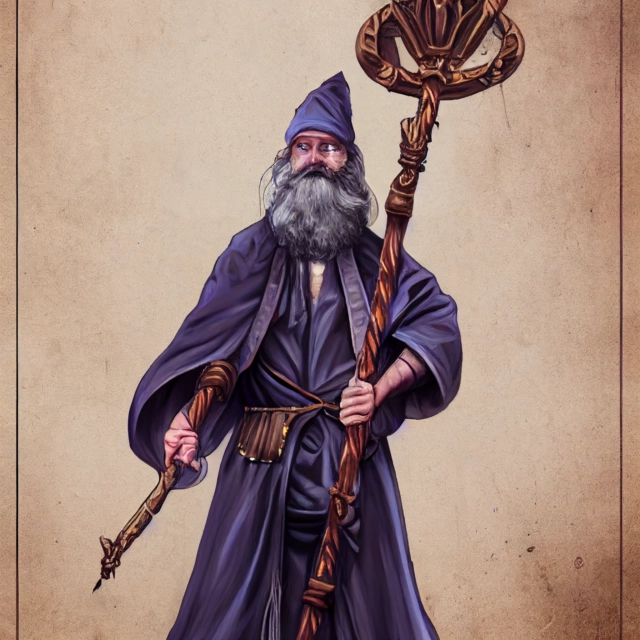 Prompt: fantasy, commision, male human, wizard, long beard, evocation, staff, robe