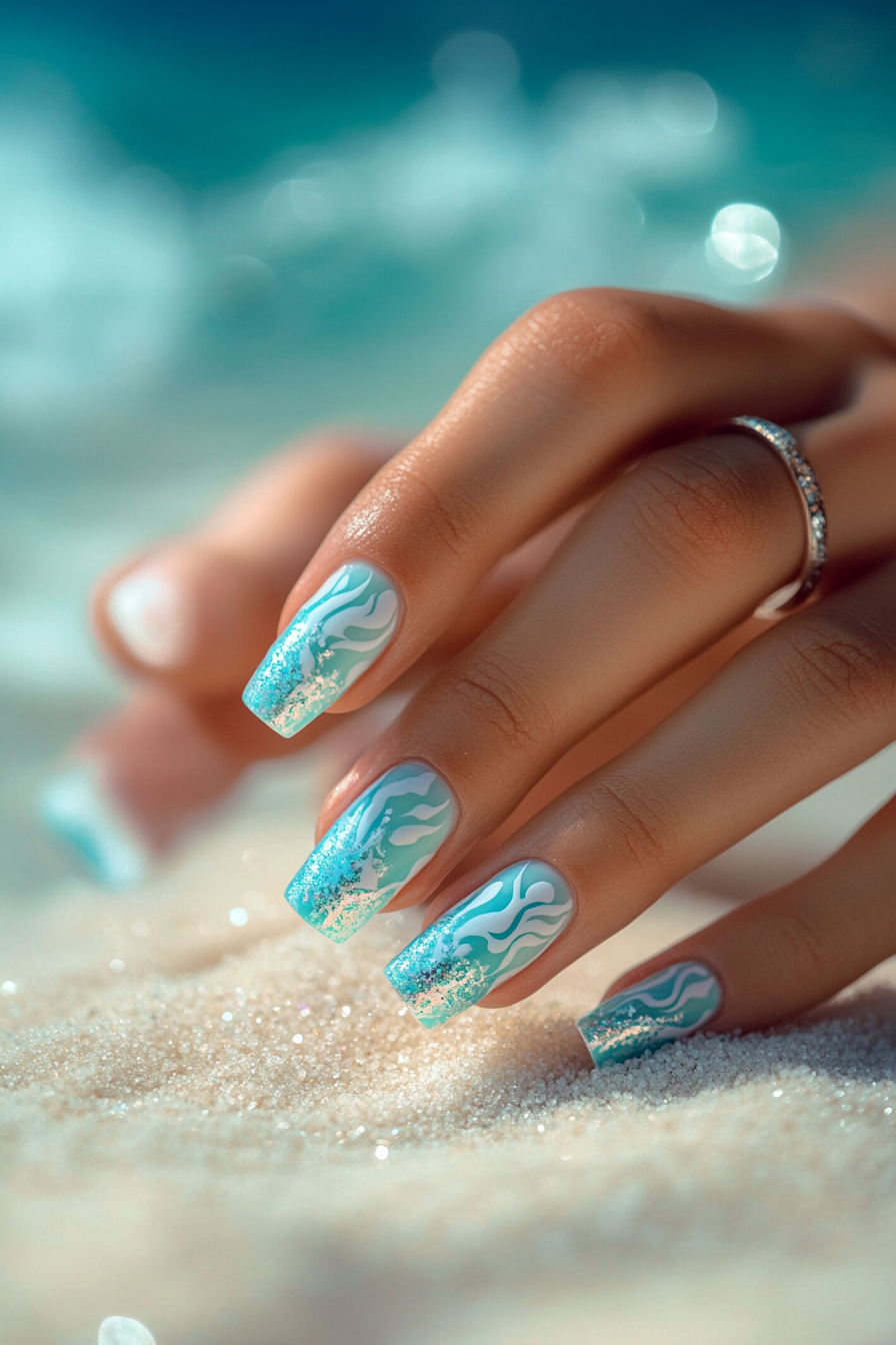 Nail art featuring ocean wave designs in shades of blue