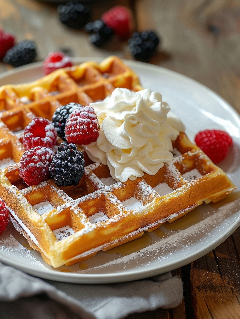 Stapel knuspriger Waffeln mit frischen Beeren und Sahne garniert