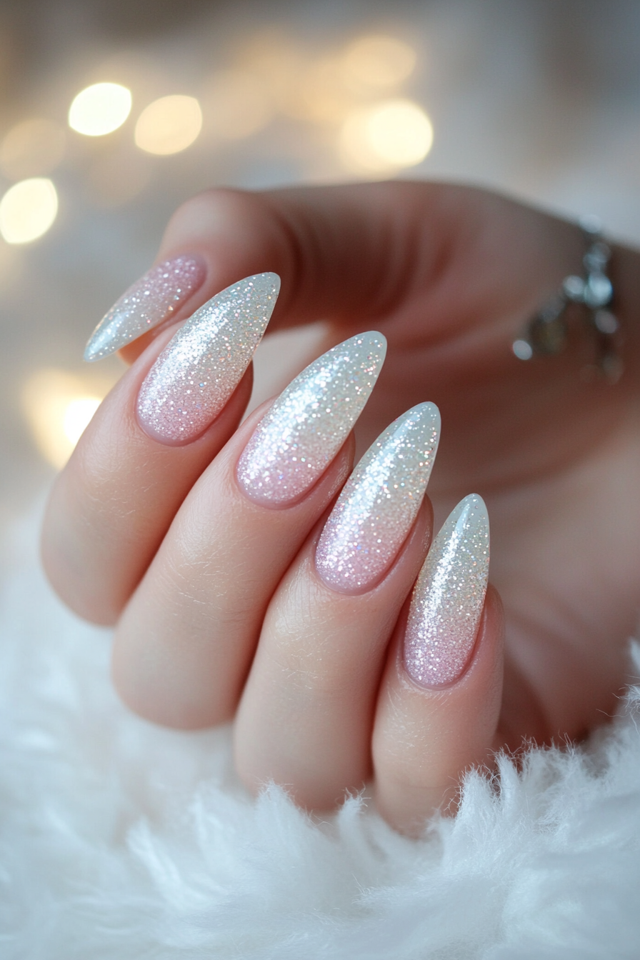Close-up of almond-shaped nails featuring a glistening glitter ombre design in pink and white shades.