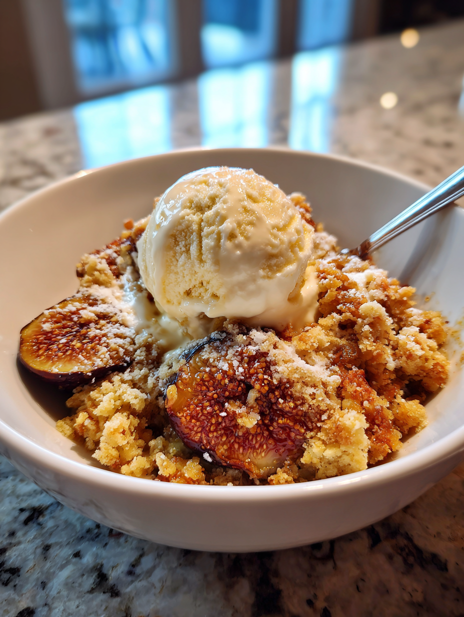 feigen rezepte: Einfacher Feigen-Crumble mit cremigem Vanilleeis feigen rezepte