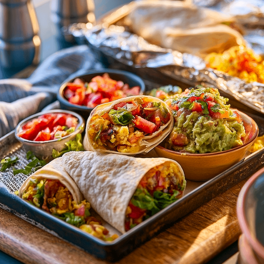 Hands wrapping a filled tortilla tightly in heavy-duty aluminum foil on a kitchen counter.