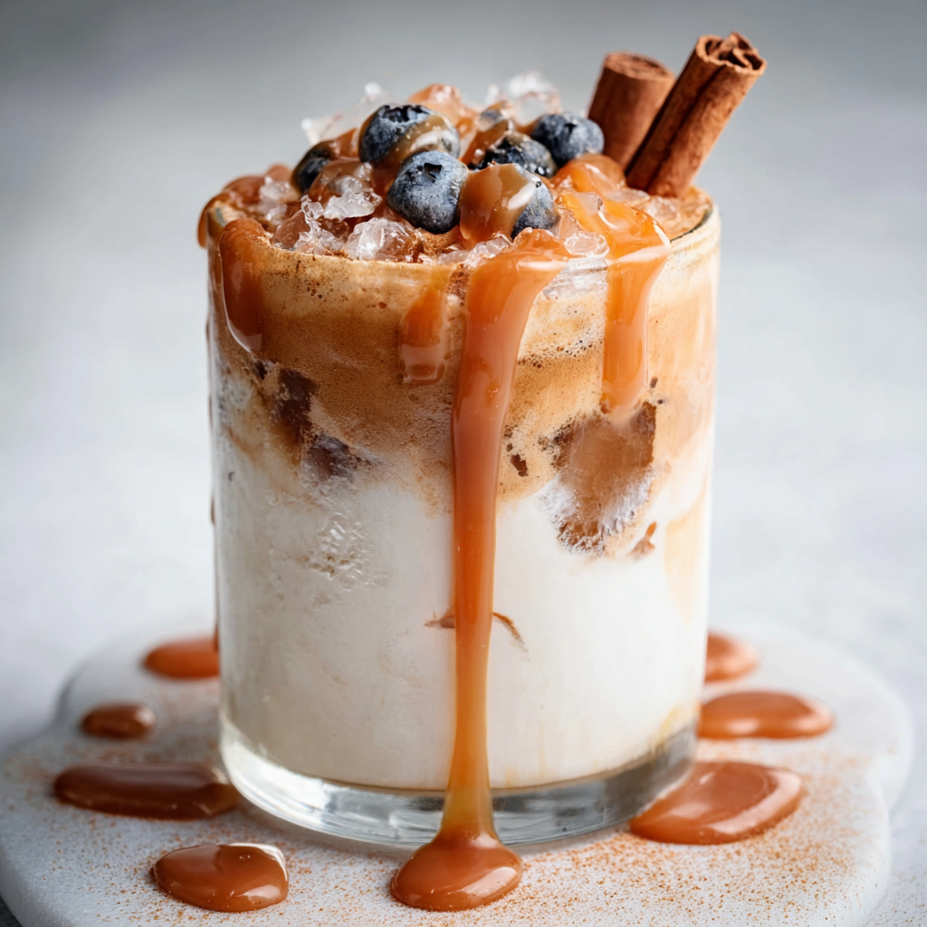 Pouring freshly brewed espresso into a blender with protein shake mixture