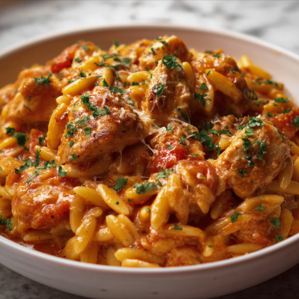 Cozy Creamy Tomato Orzo with Chicken Dinner