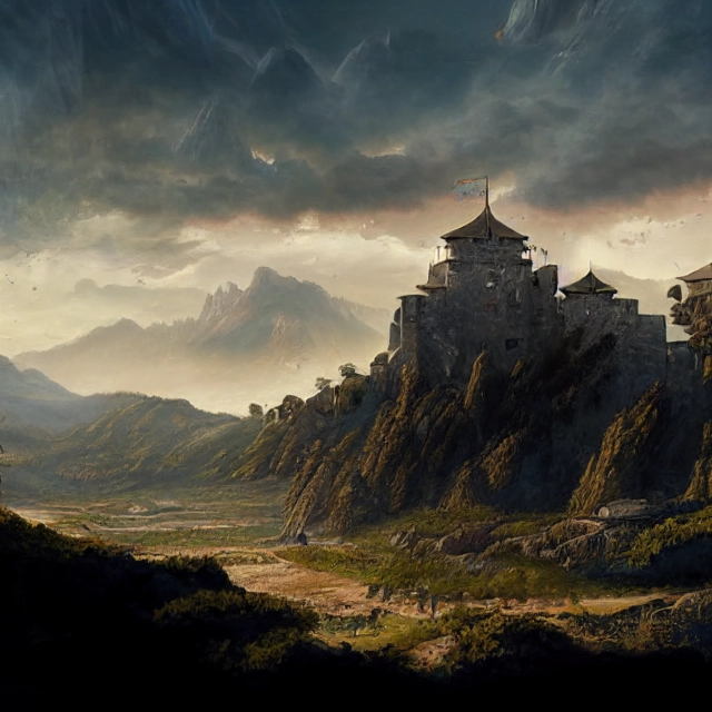 Prompt: a painting of a fortress in a mountain valley, a matte painting by Tyler Edlin, cgsociety contest winner, fantasy art, matte painting