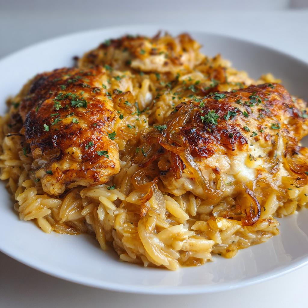 Cozy French Onion Chicken Orzo Casserole