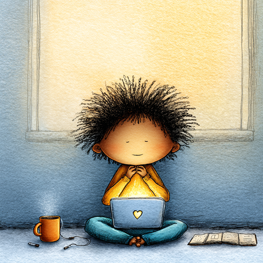 A young girl sits alone on a wooden bench, reading a book under warm glowing lights in a quiet, peaceful room.