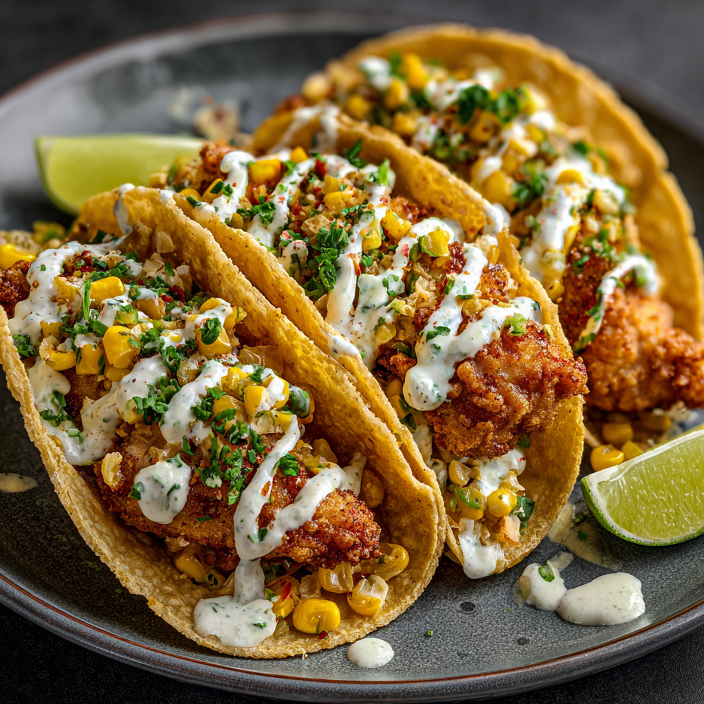 Crispy Fried Chicken Street Corn Tacos with Jalapeño Lime Ranch