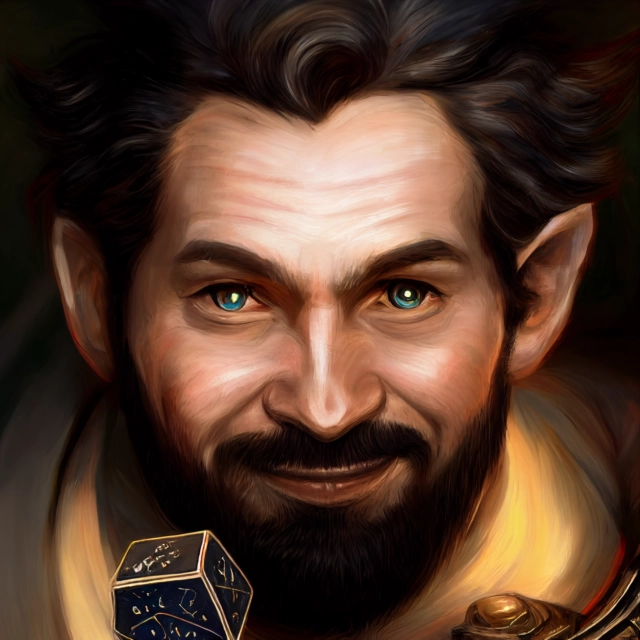 Prompt: mischievous halfing bard with gaming dice in left hand and scimitar in right hand, portrait, very detailed, fantasy, eberron, 4k