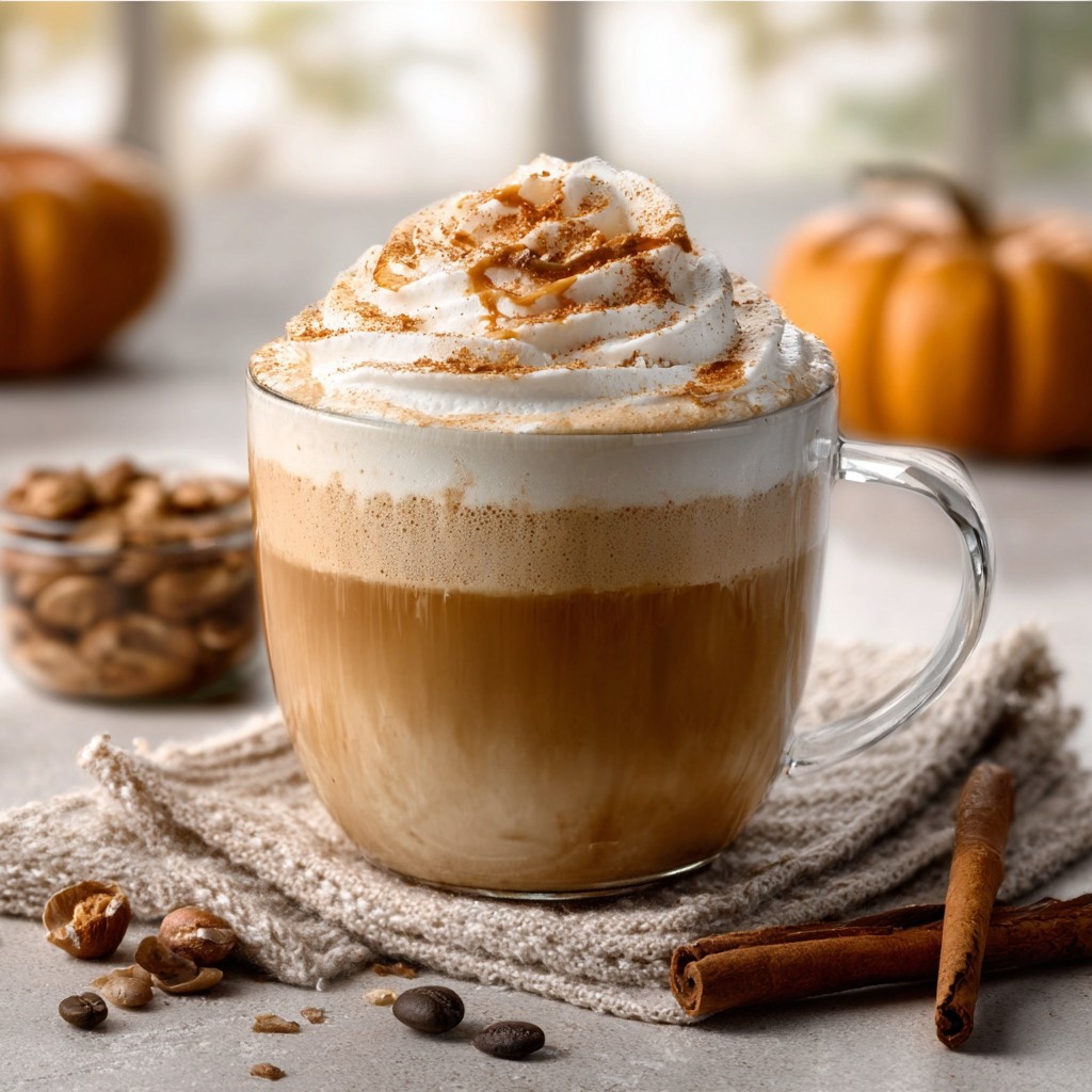 Handheld frother blending heavy cream and pumpkin puree in a small bowl, creating a smooth orange mixture.