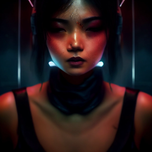 Prompt: Asian girl in the night with a septum piercing, cyberpunk, shiny brown eyes, shoulder wet hair, smokey eyes, dark make-up, black leather top, cinematic lighting, detailed, texture, deep space, rainy, hyperrealistic, volumetric lighting, 4k post-processing