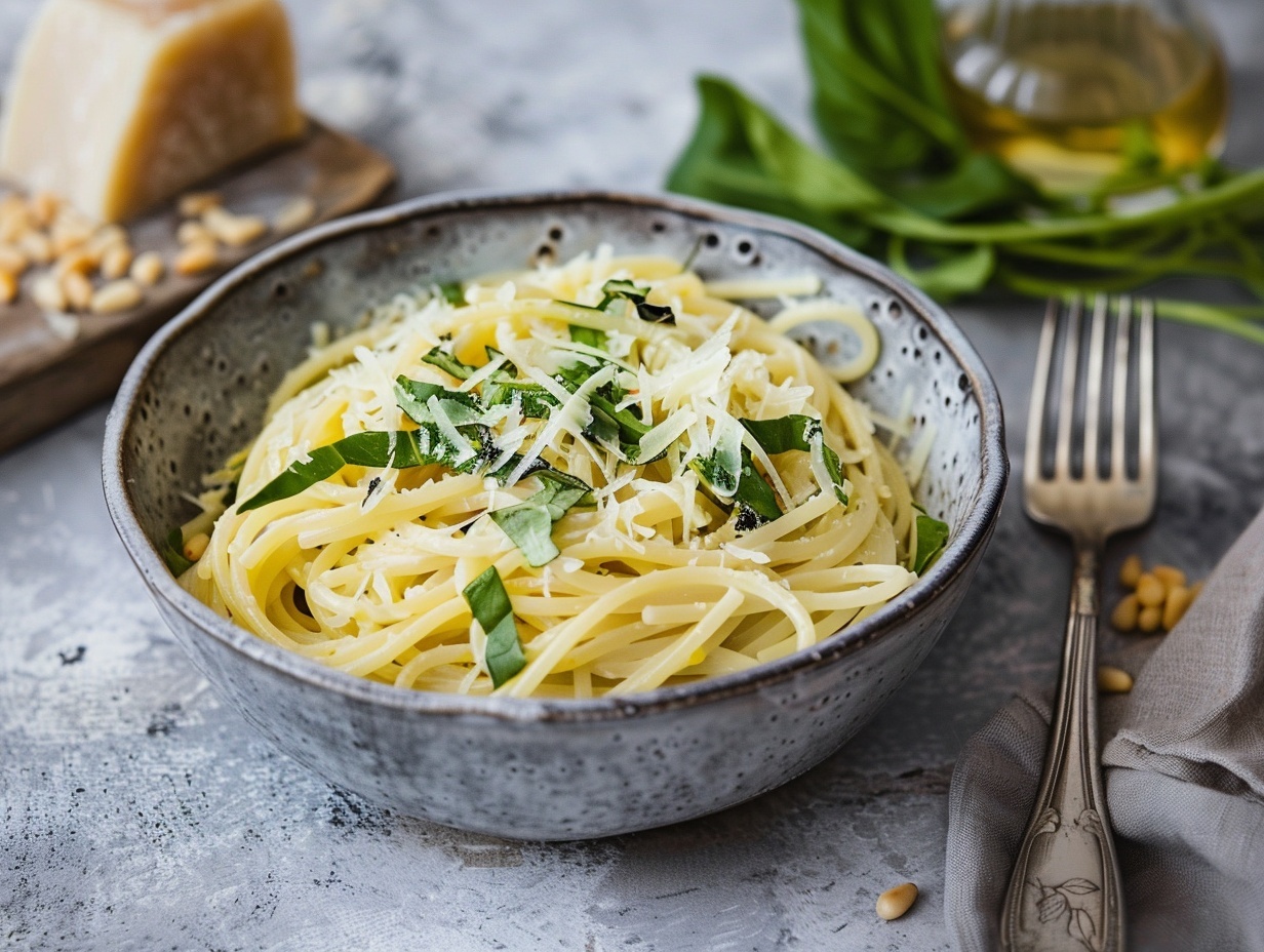 Cremige Bärlauch-Pasta auf weißem Teller garniert mit Parmesan