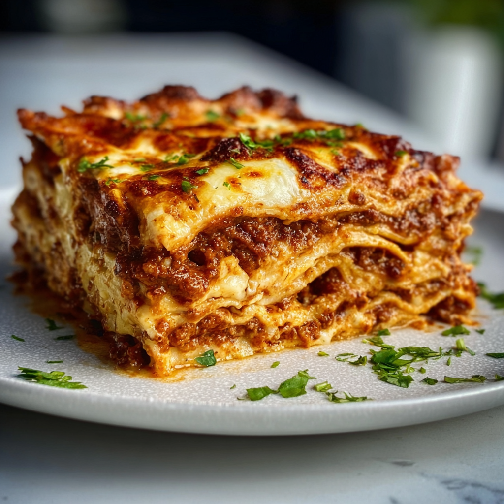 Layering gluten free lasagna noodles in a baking dish with meat sauce and cheese