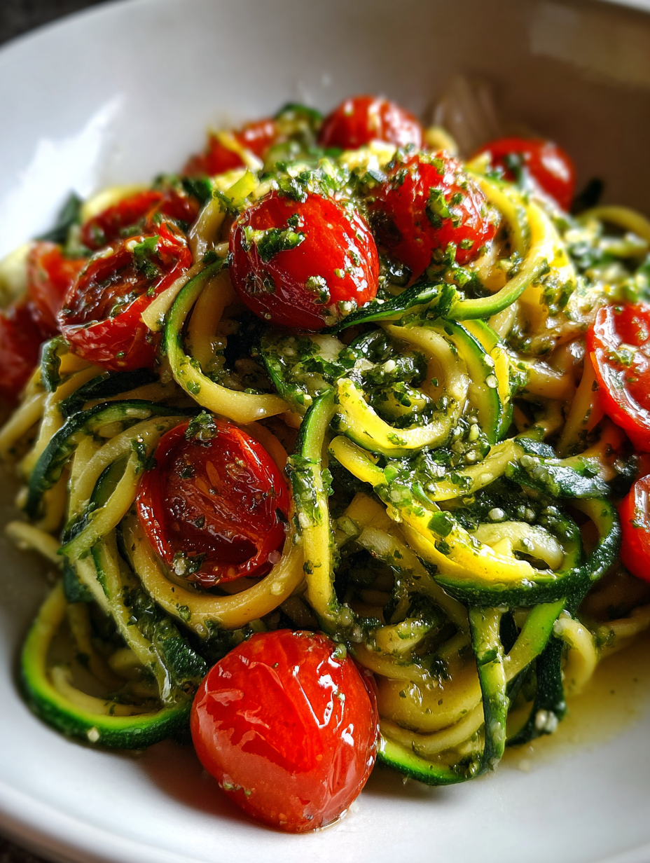 rezepte zucchini: Leckere Zucchini-Nudeln mit Pesto und Kirschtomaten rezepte zucchini