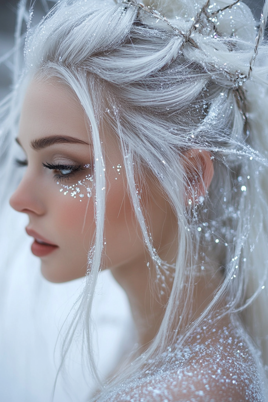 15+ Sparkling Hair Tinsel Ideas to Add Magic to Your Mane (All Colors!). - 5. White Winter Sparkle
