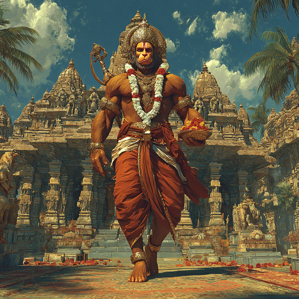 Offering Tulsi garlands to Lord Hanuman.