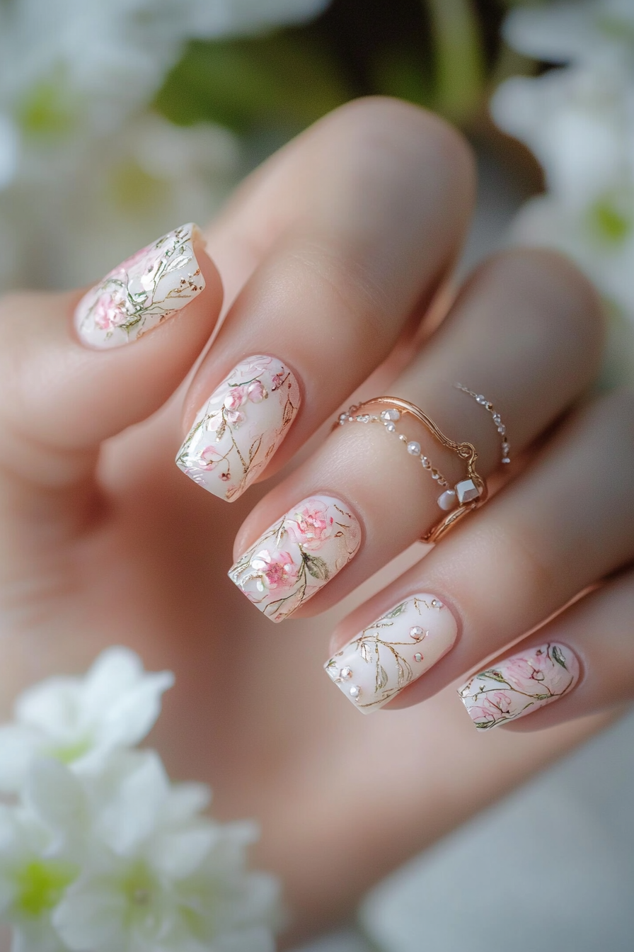 Close-up of almond-shaped nails with floral and leopard print designs