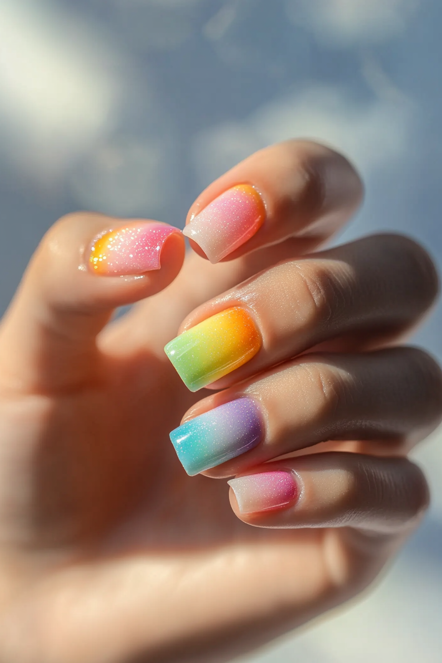 Almond nails featuring a rainbow tie-dye effect with vibrant colors and patterns.