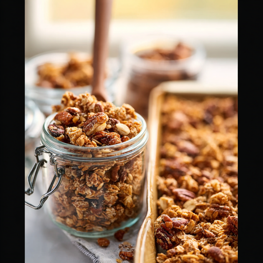 Spreading the granola mixture evenly on a parchment-lined baking sheet before baking