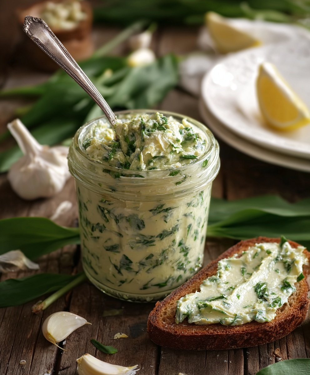 Bärlauchbutter in einer Schüssel mit Holzlöffel und frischem Bärlauch