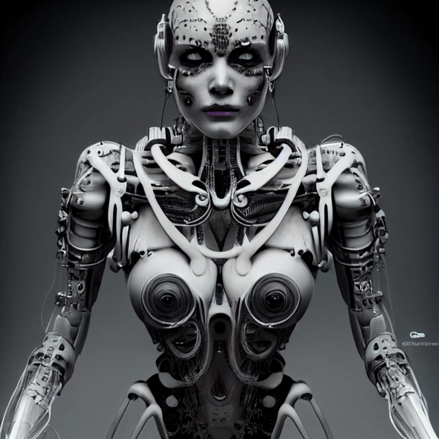 Prompt: A hyper realistic full body shot of a beautiful female humanoid robot with intricate details, piercings and facial tatoos in a alien language. Prominent female features, elegant, perfect body, symetric, dynamic pose. Dramatic light from above, mystic setting, apocalyptic feel, post punk, cyber space, cyber punk, robotic, futuristic. Contax planar 80/2 + Pentax 645, rim lights, digital art, hdr, intricate, cinematic post process, volumetric, cinematic lighting, particle fx, photorealistic bokeh, Unreal Engine 5, realistic CGI, 32k