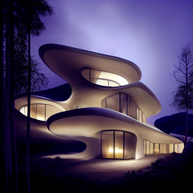 Prompt: metabolic architecture villa in the mountains designed by Zaha Hadid, continuous white surface with exposed seams, volumetric caustic lighting, photorealistic render, soft reflections, HQ