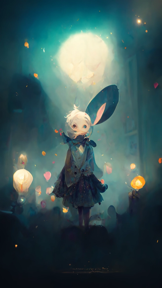 Prompt: Magic world, night, inside a clock, moonlight, boy with white hair and bunny ears, full body, volume lighting, dramatic lighting, movie, unreal engine, octane rendering, , pixiv , by Rella and Krenz Cushart