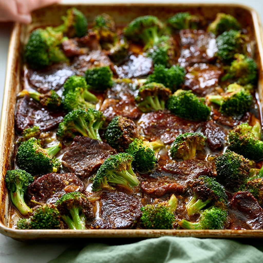 Close-up of beef and broccoli being tossed with sauce in a sheet pan