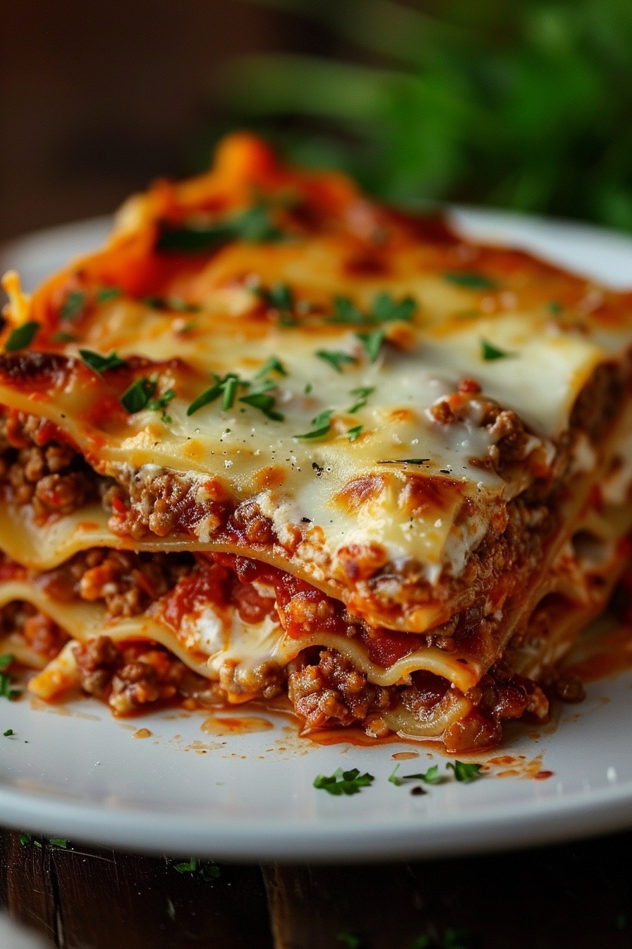 Angeschnittene Lasagne mit sichtbaren Schichten auf einem Teller