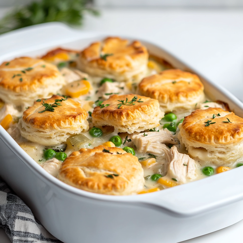 Cozy Chicken Pot Pie Casserole with Biscuits