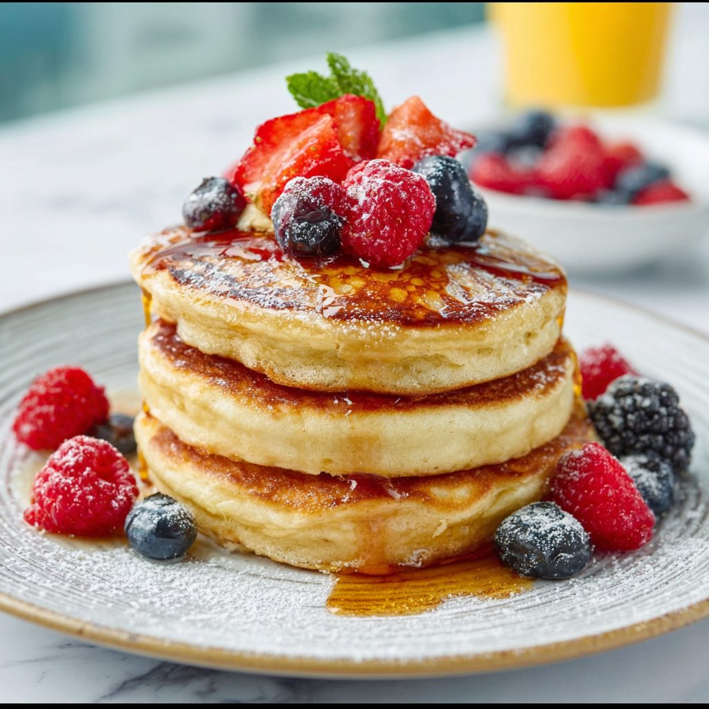 Pouring gluten free pancake batter onto a hot griddle in a circular shape