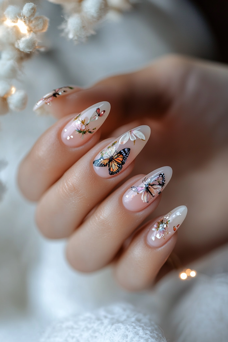 Almond nails with butterfly and insect designs, surrounded by flowers.
