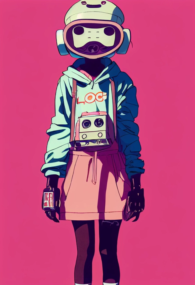 Prompt: flcl girl wearing streetwear with vintage robot mask and fisher cap, feet wearing sneakers, full body shot, low angle, dynamic pose,jamie hewlett style, GAINAX anime style,pastel colors,sketch,