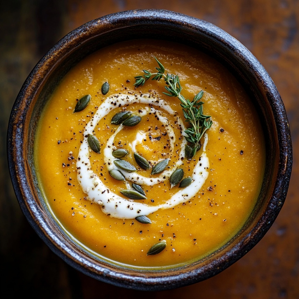 Hokkaido-Kürbis und Zutaten für die Kürbissuppe auf einem Holzbrett