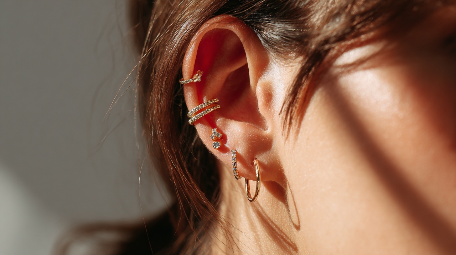 Mid-helix piercing styled with lobe piercings in a curated ear stack