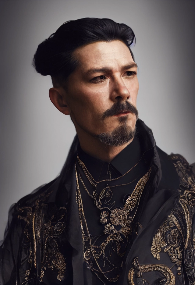 Prompt: a highly detailed portrait of a man wearing intricate all black outfit, ornate, embroidered, art nouveau, 8k, octane render,