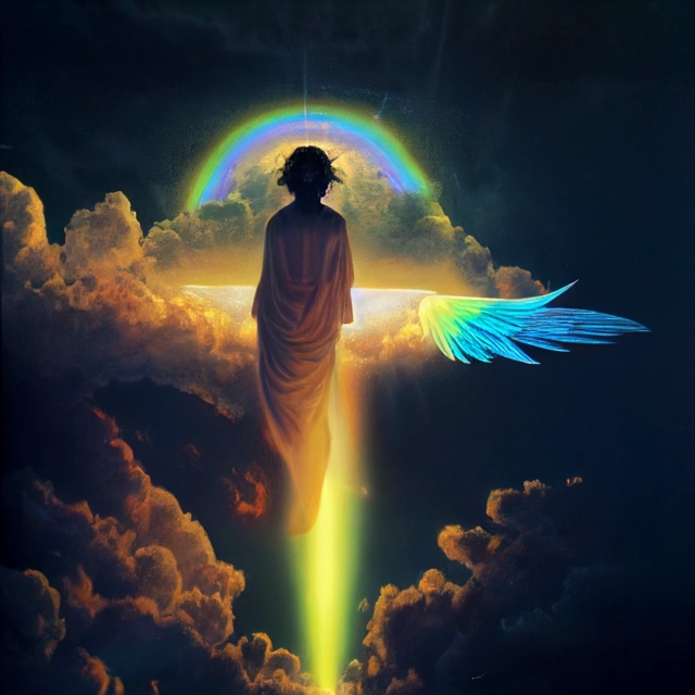 Prompt: an angel clothed with a cloud wearing a rainbow upon their head, their face is the sun, right foot on sea, left foot on earth, feet as pillars of fire, divine, realistic