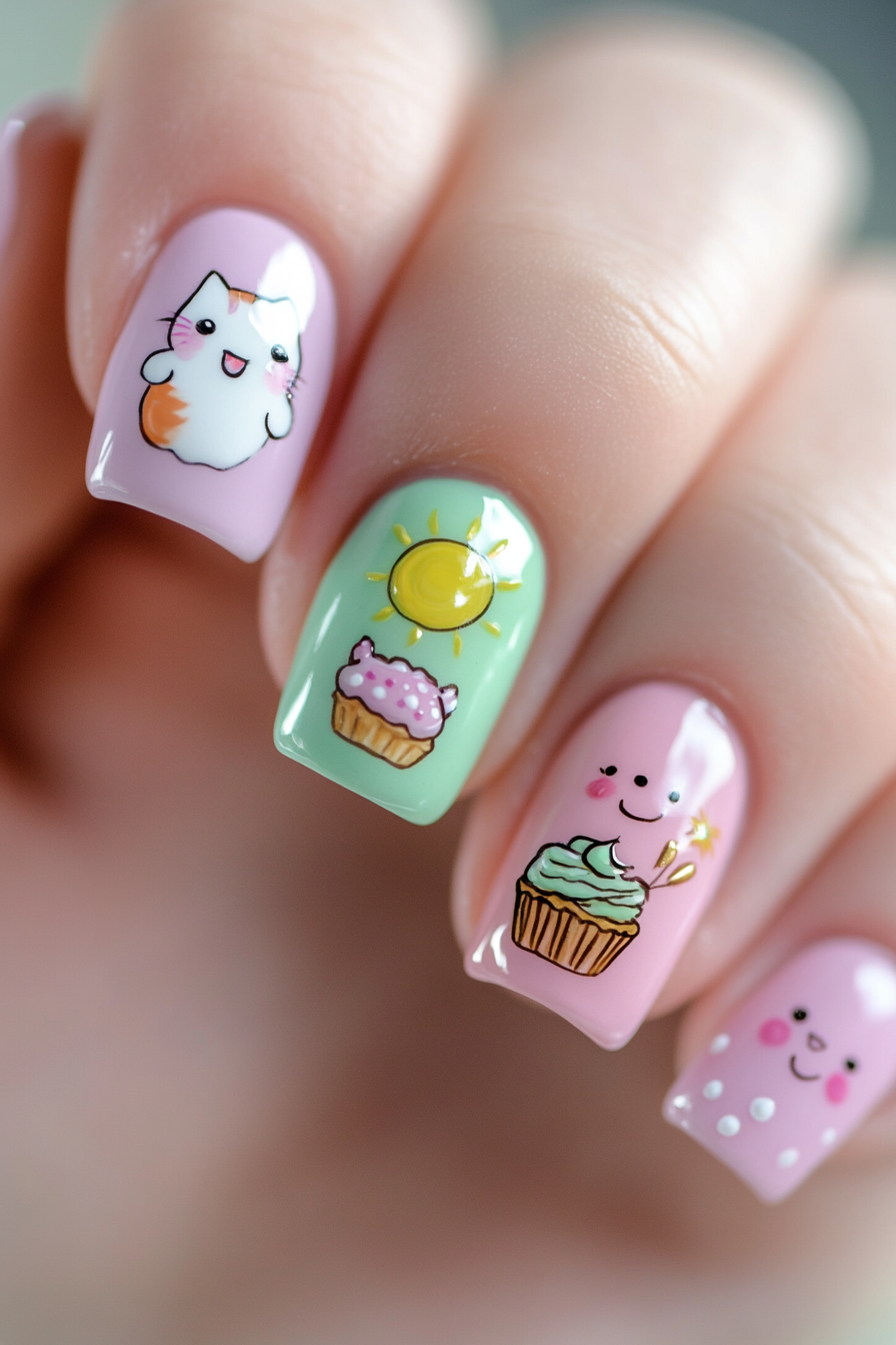 A hand with almond-shaped nails featuring whimsical cartoon characters, set against a sunny field of flowers.