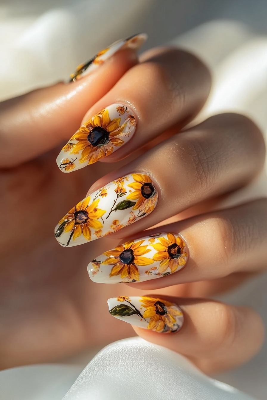 Almond nails featuring sunflower designs on a wooden background.