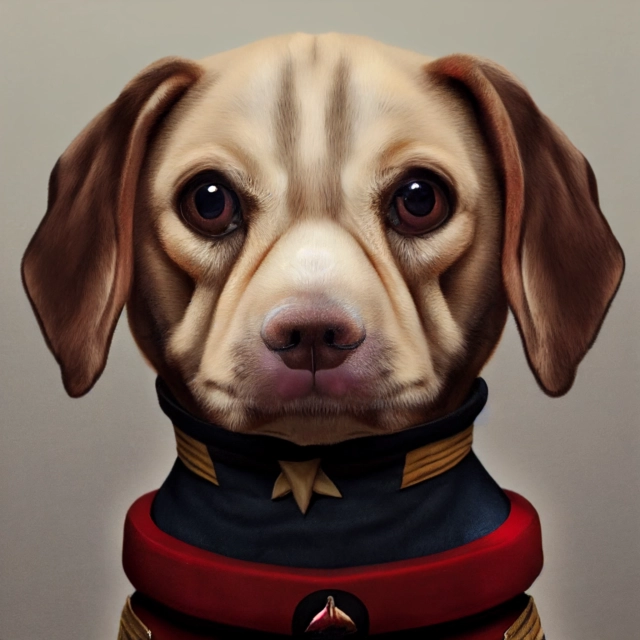 Prompt: a cute dog as Jean Luc Picard, captain of the starship Enterprise, realistic, photo