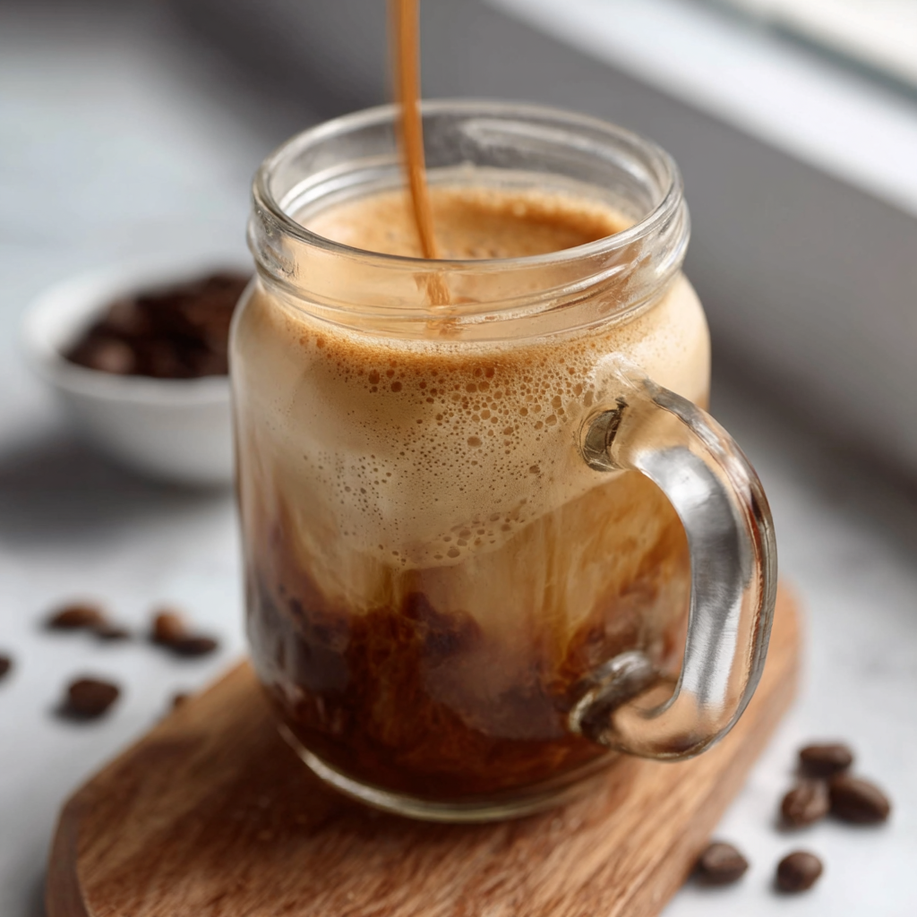 Shaking espresso with brown sugar and ice in a stainless steel shaker