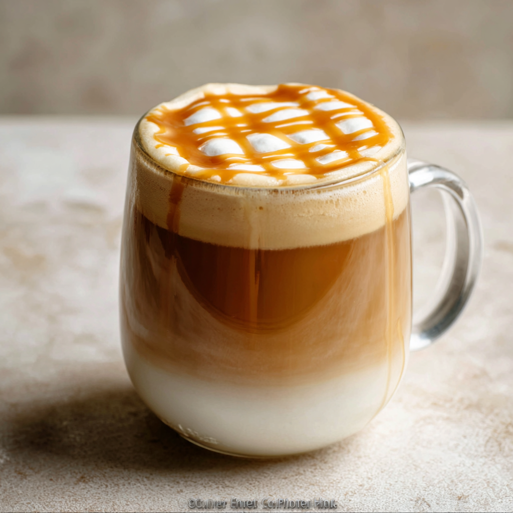 Pouring espresso over a spoon into a glass of frothed milk for layering