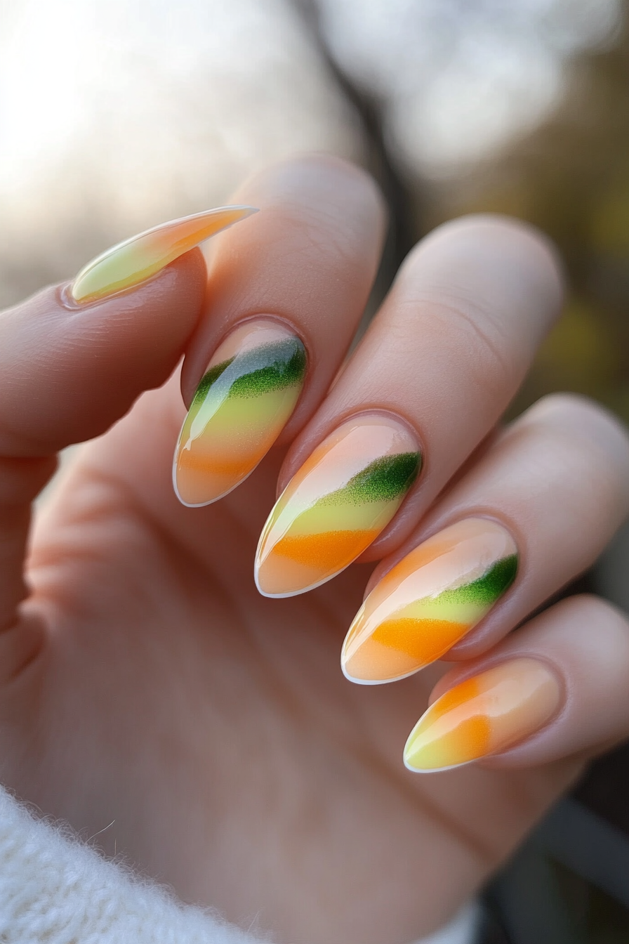 Close-up of hands with bright yellow and orange almond nails, surrounded by a lemon and sunny background