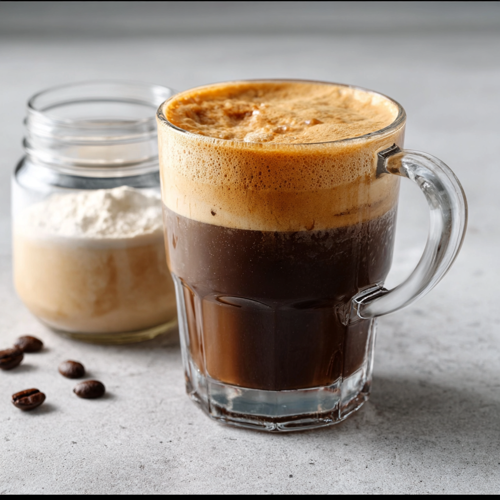 Blender with coffee and protein powder being poured into a mug, showing frothy texture