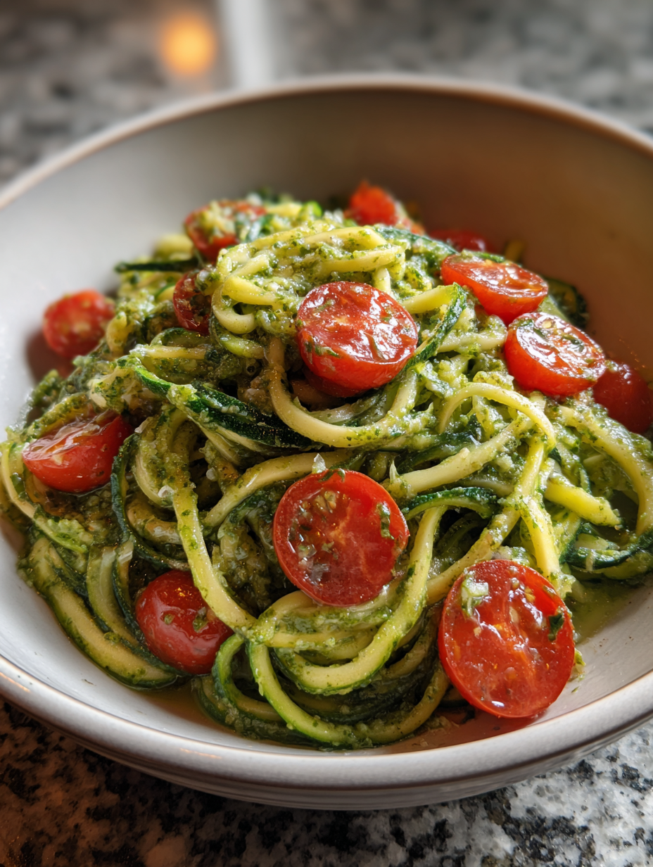 zucchini rezepte: Einfache Zucchini-Nudeln mit Pesto und Kirschtomaten zucchini rezepte