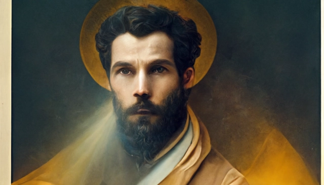 Prompt: The Apostle Saint James, holding Bible, halo of light over head, centered, holy, elegant, saintly, natural lighting, by Alessandro Franchi,