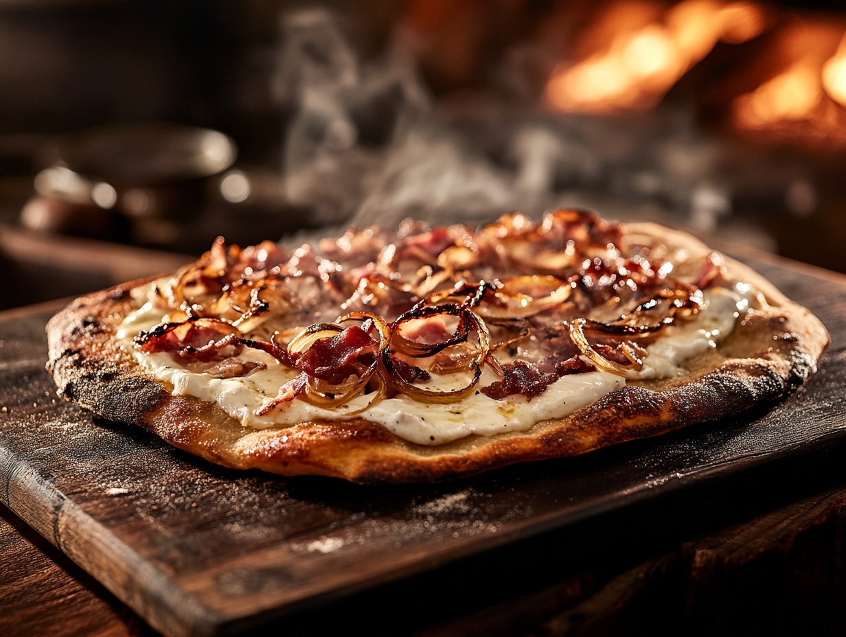 Flammkuchen-Teig wird dünn ausgerollt mit Crème fraîche bestrichen