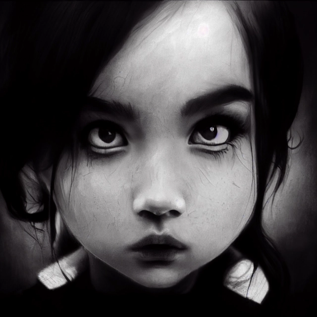 Prompt: photorealistic, black and white, large format, goth girl , pretty, cute, stoicism , expressive, large eyes, peaceful, powerful, tilt shift