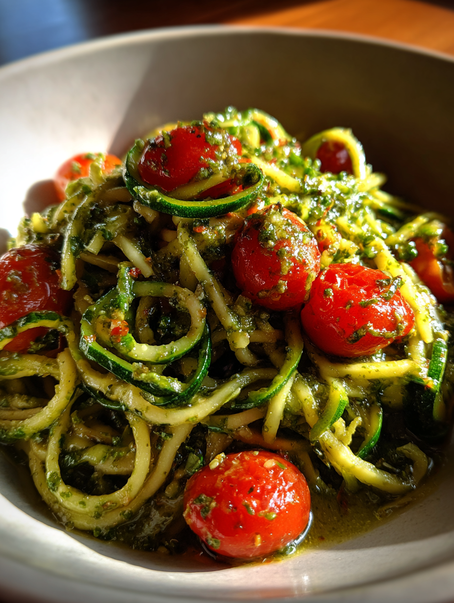 rezepte mit zucchini: einfache Zucchini-Nudeln mit Pesto und Kirschtomaten rezepte mit zucchini